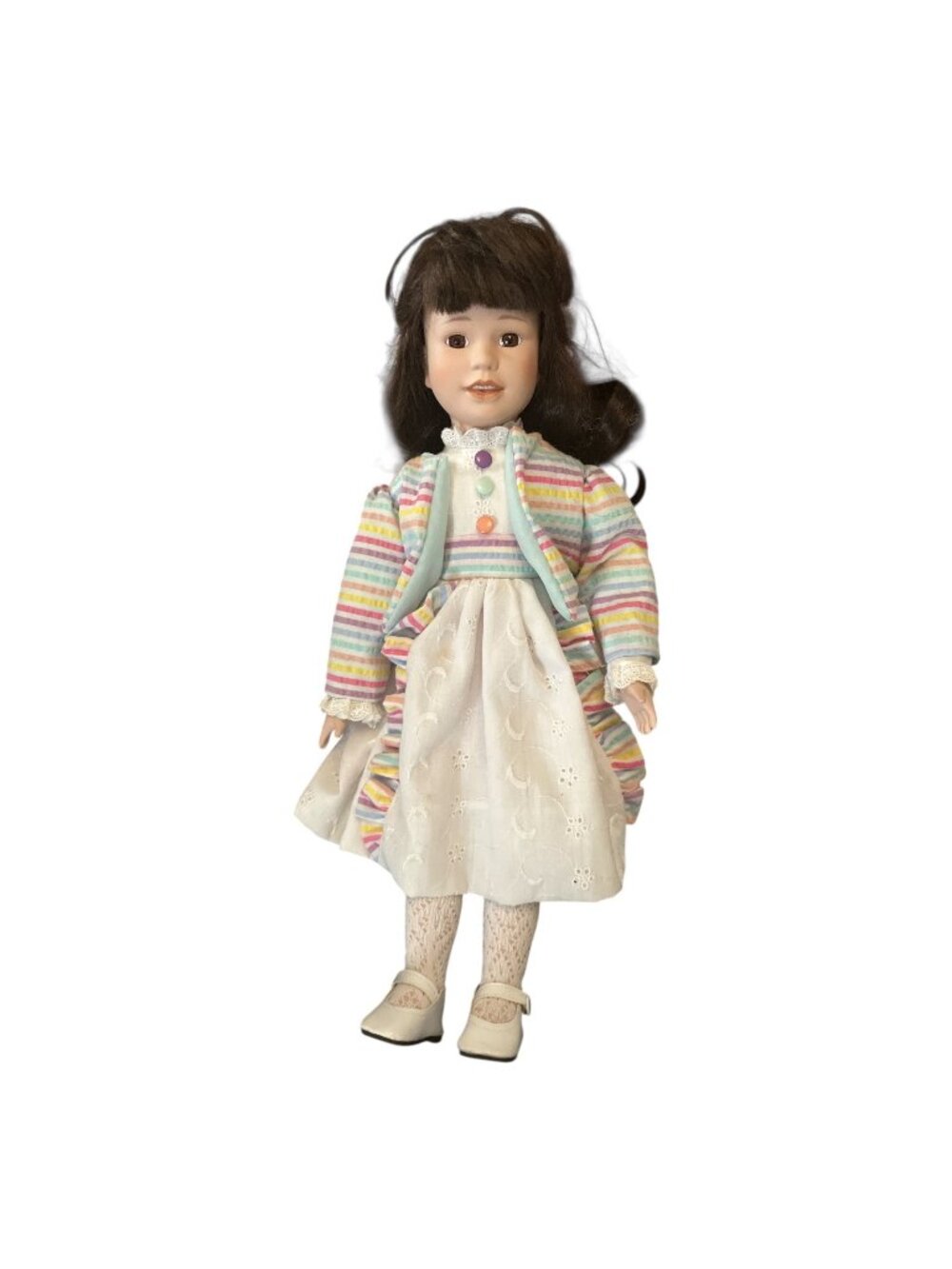 Vintage Designs by Yoko 18” Porcelain Doll Pastel Rainbow Dress Lace Socks Numbe